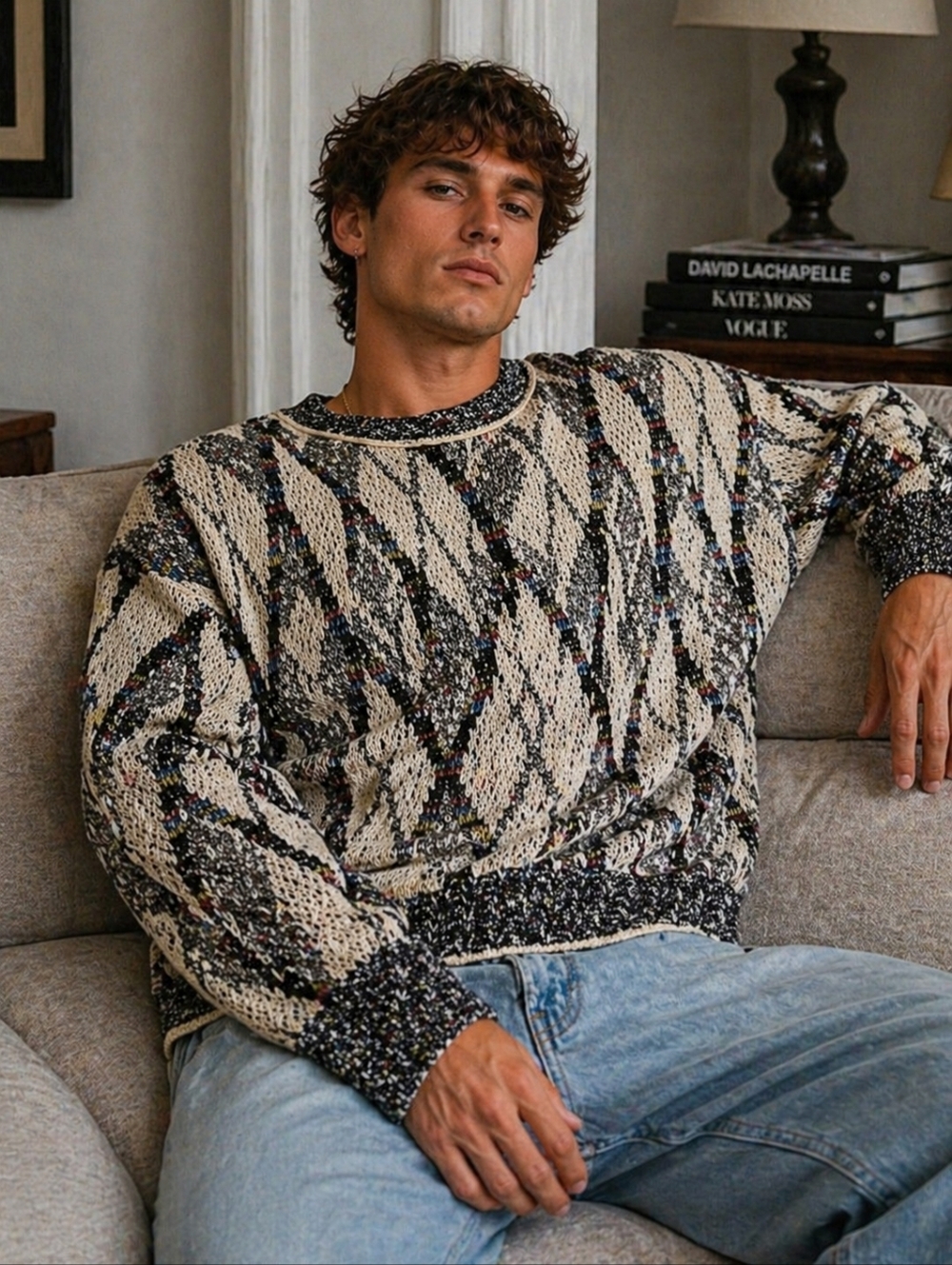 JJ COCHRAN Sweater Mens XL Black Cream Oversized Grandpa Core Cozy Vintage 90s